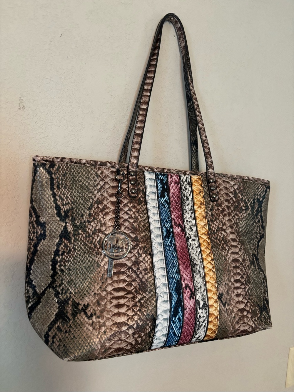 Badglay Mischka Brown Snake-Embossed Tote with Blue, Pink, White & Gold Stripes